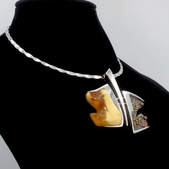 Sterling Silver Artisan Amber Art Deco Brooch/ Pendant Vintage 51 Grams 3”